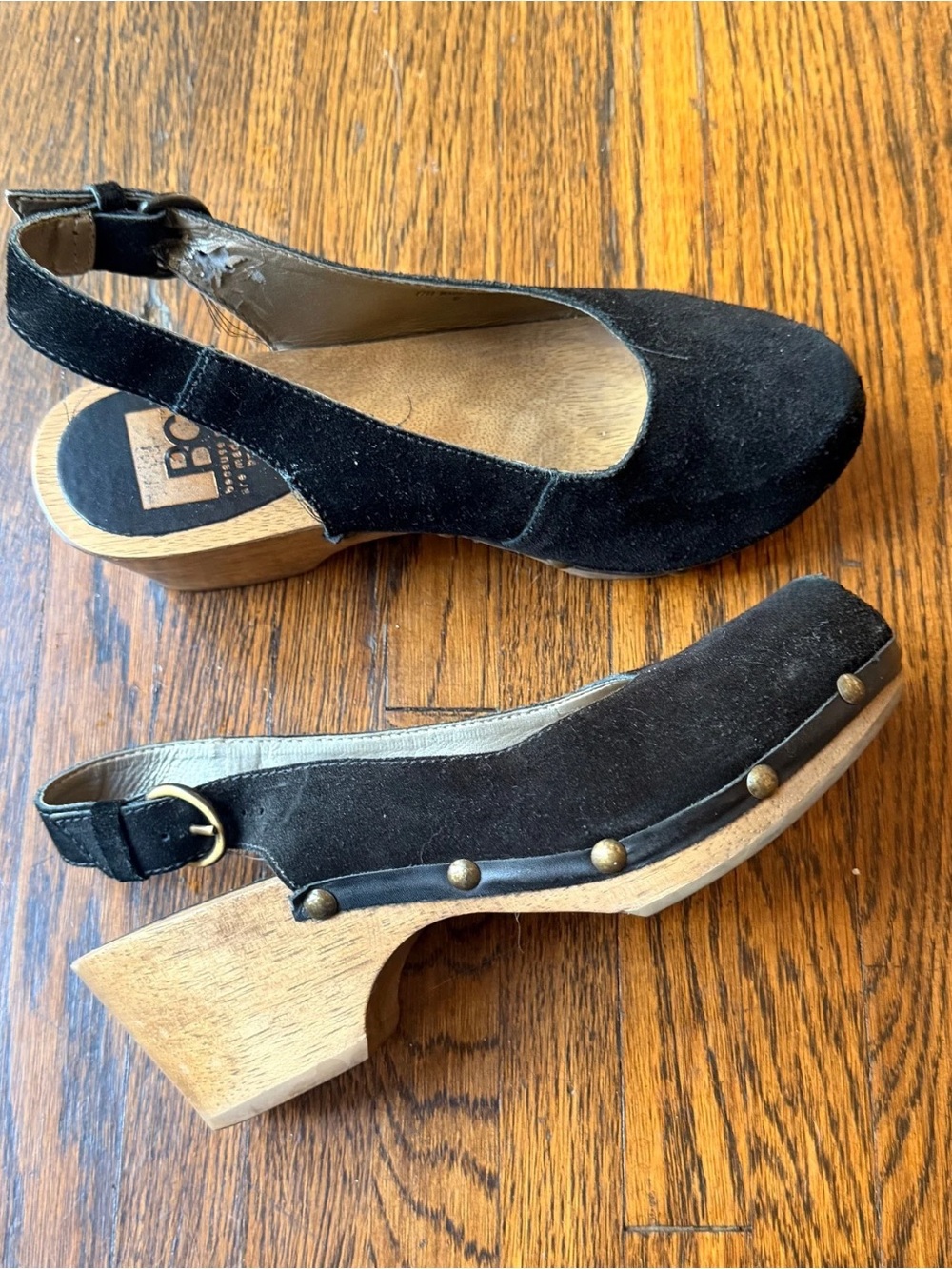 BC Footwear Black Suede Studded Wooden Clog Slingbacks